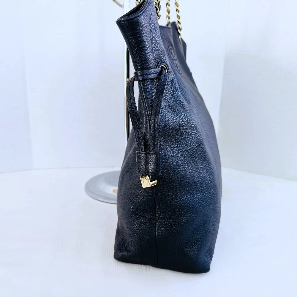 Tory Burch THEA Navy Blue Pebbled Leather‎ Gold Chain Shoulder Tote Bag